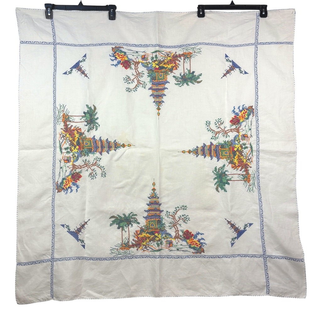 VTG Square Linen Tablecloth 48x48 Cross Stitch Embroidered White Pagoda Asian